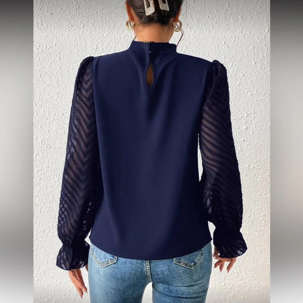 SHEIN Navy Blouse with Sheer Sleeves - Picture 2 of 9